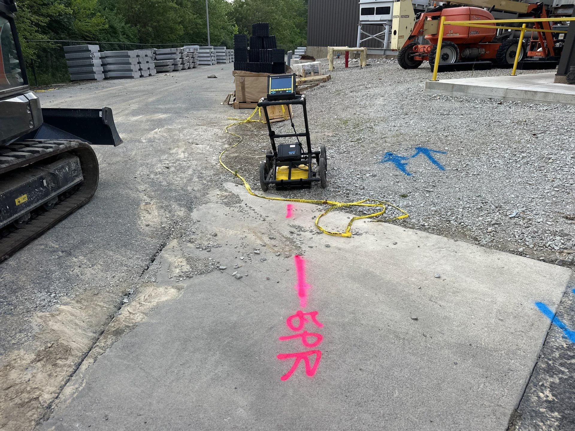Ground Penetrating Radar equipment positioned in a marked industrial project area