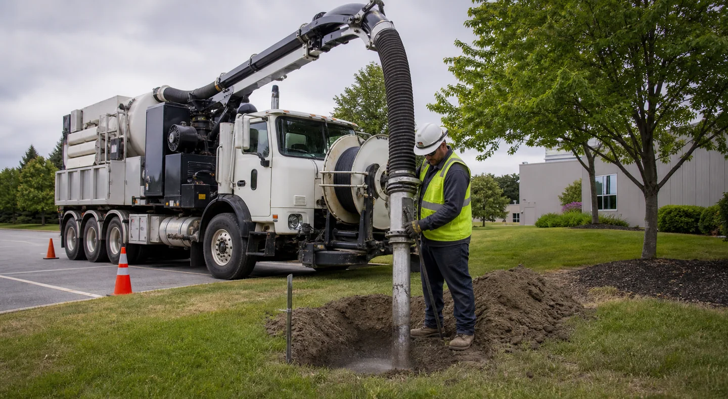 Hydrovac truck and operator performing hydro excavation at a commercial property