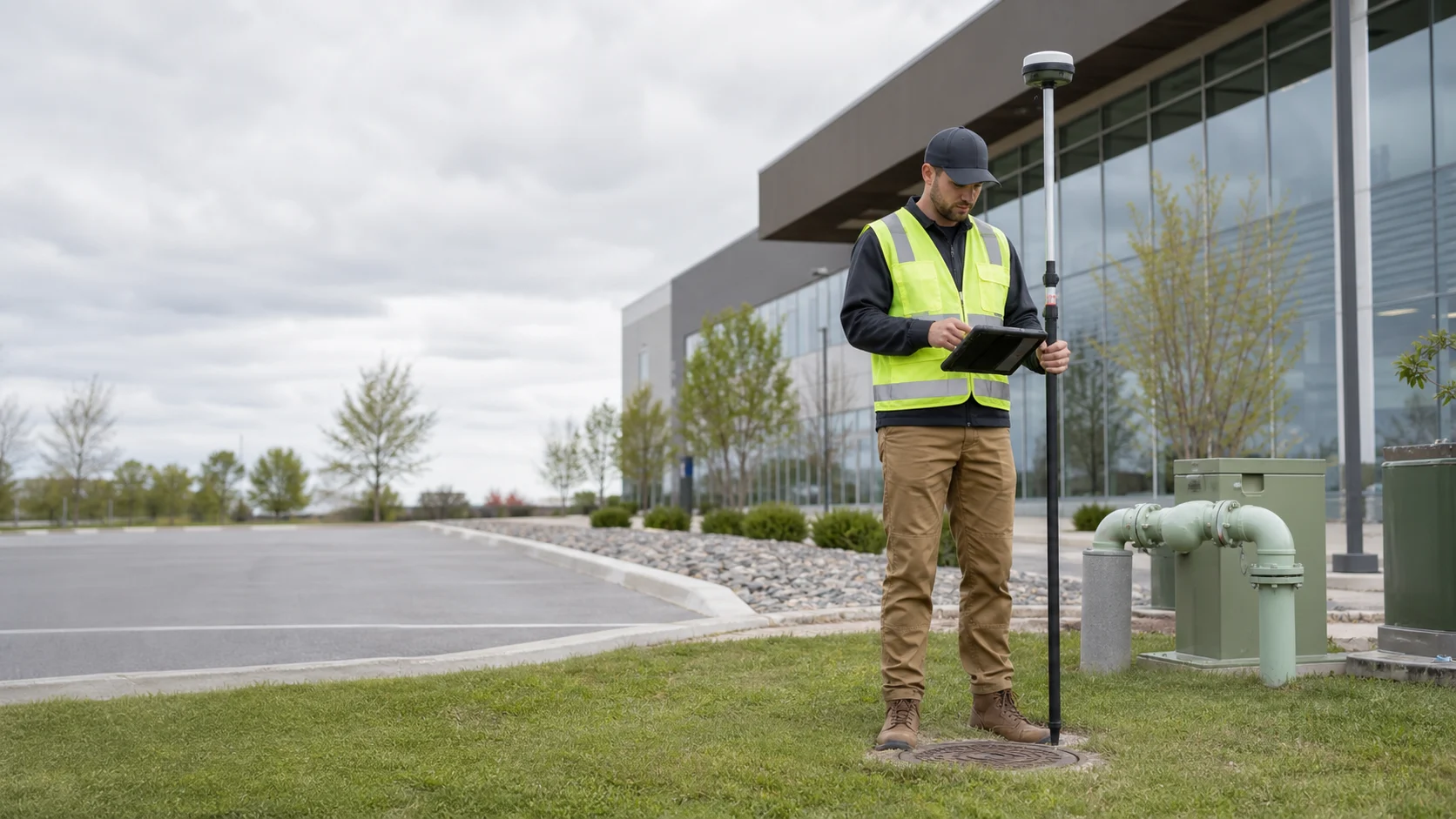 Utility mapping technician surveying a commercial property with GPS equipment